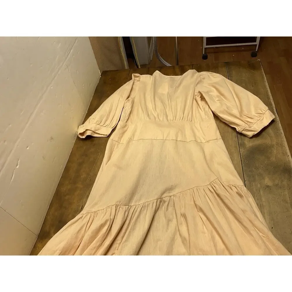 Free People Peach Linen Blend Balloon Sleeve Tiered Midi Wrap Dress Sz M Peach